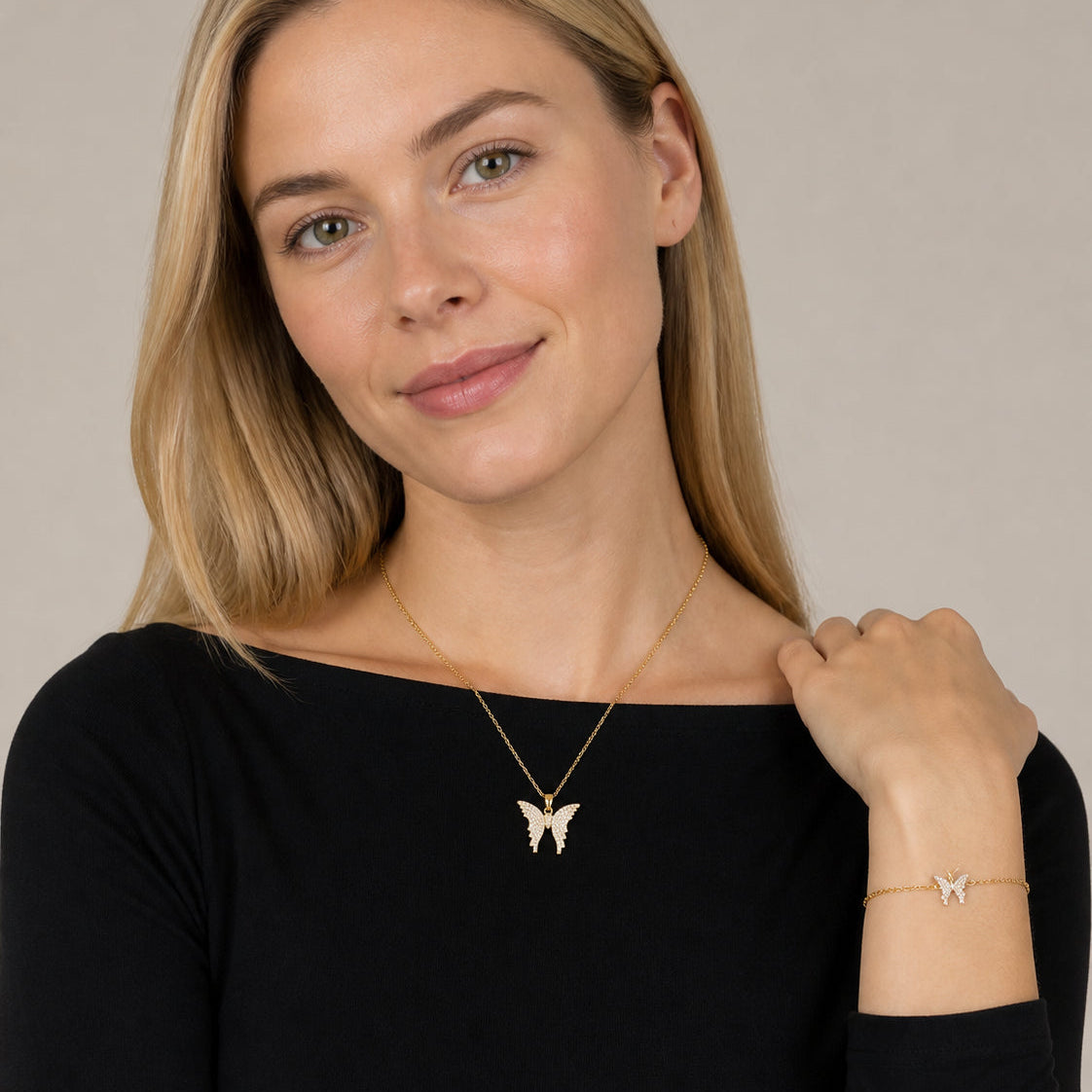 Pavé‑Set Tiered‑Wings Butterfly Pendant Necklace