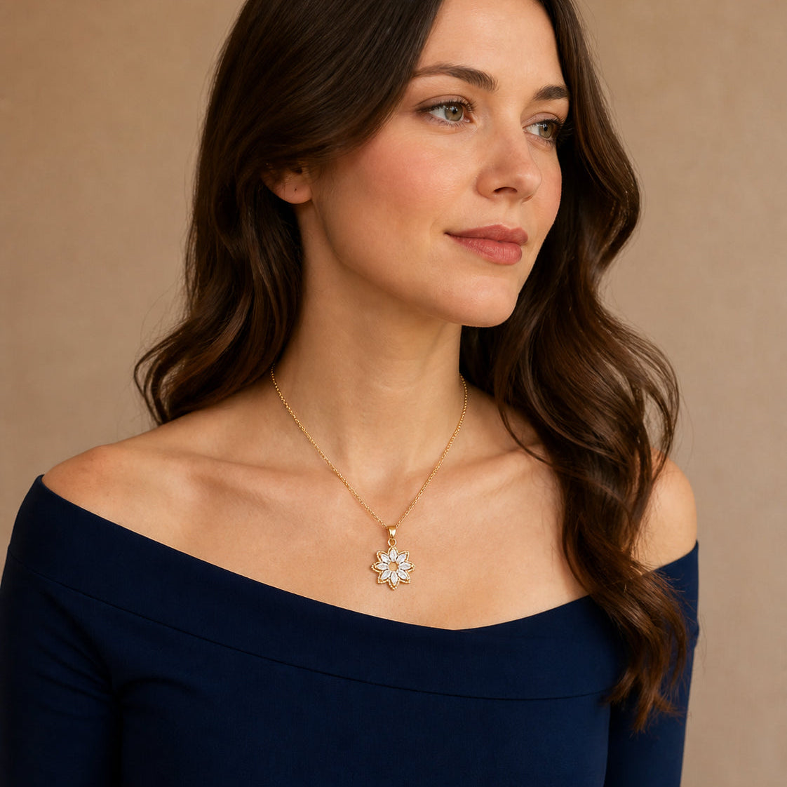 Marquise‑Cut Zircon Six‑Petal Hollow Flower Pendant Necklace