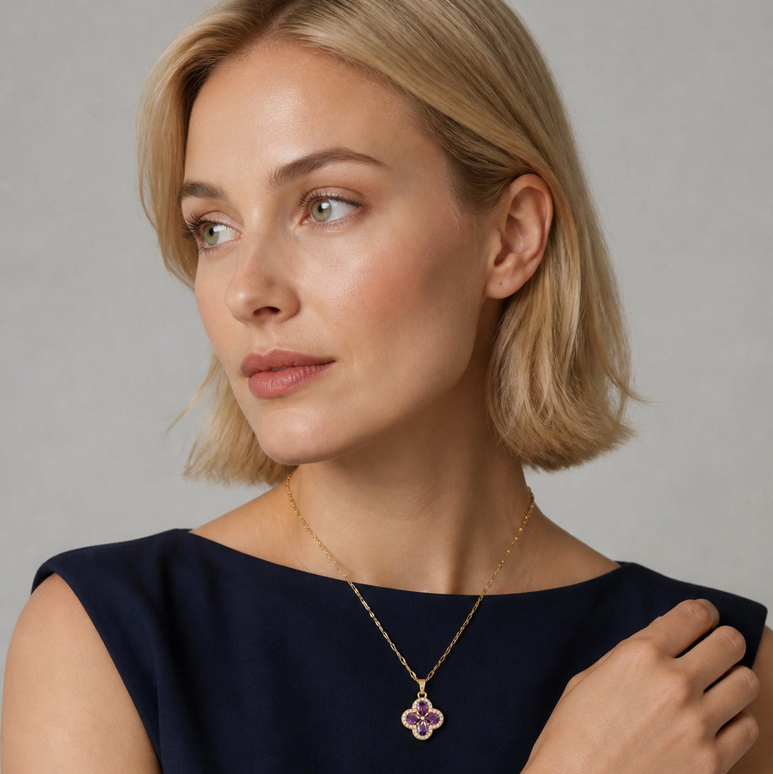 Colored‑Gem Four‑Leaf‑Clover Halo Necklace