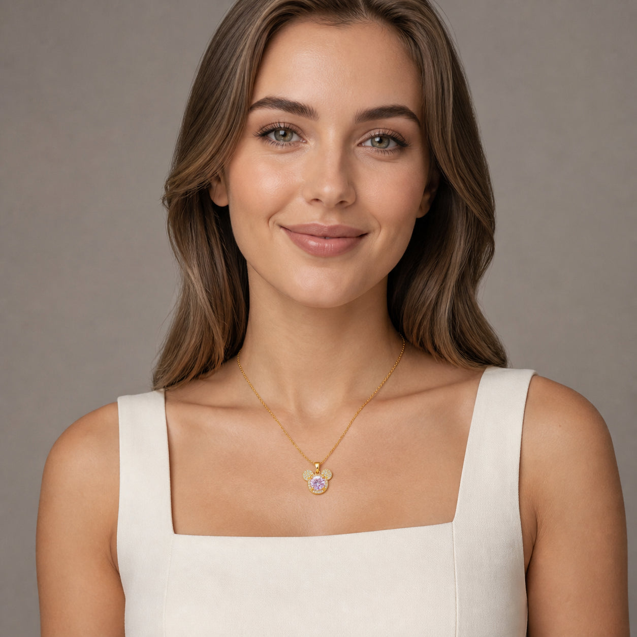 Mikila‑Pink Zircon Mickey‑Head Pendant Necklace