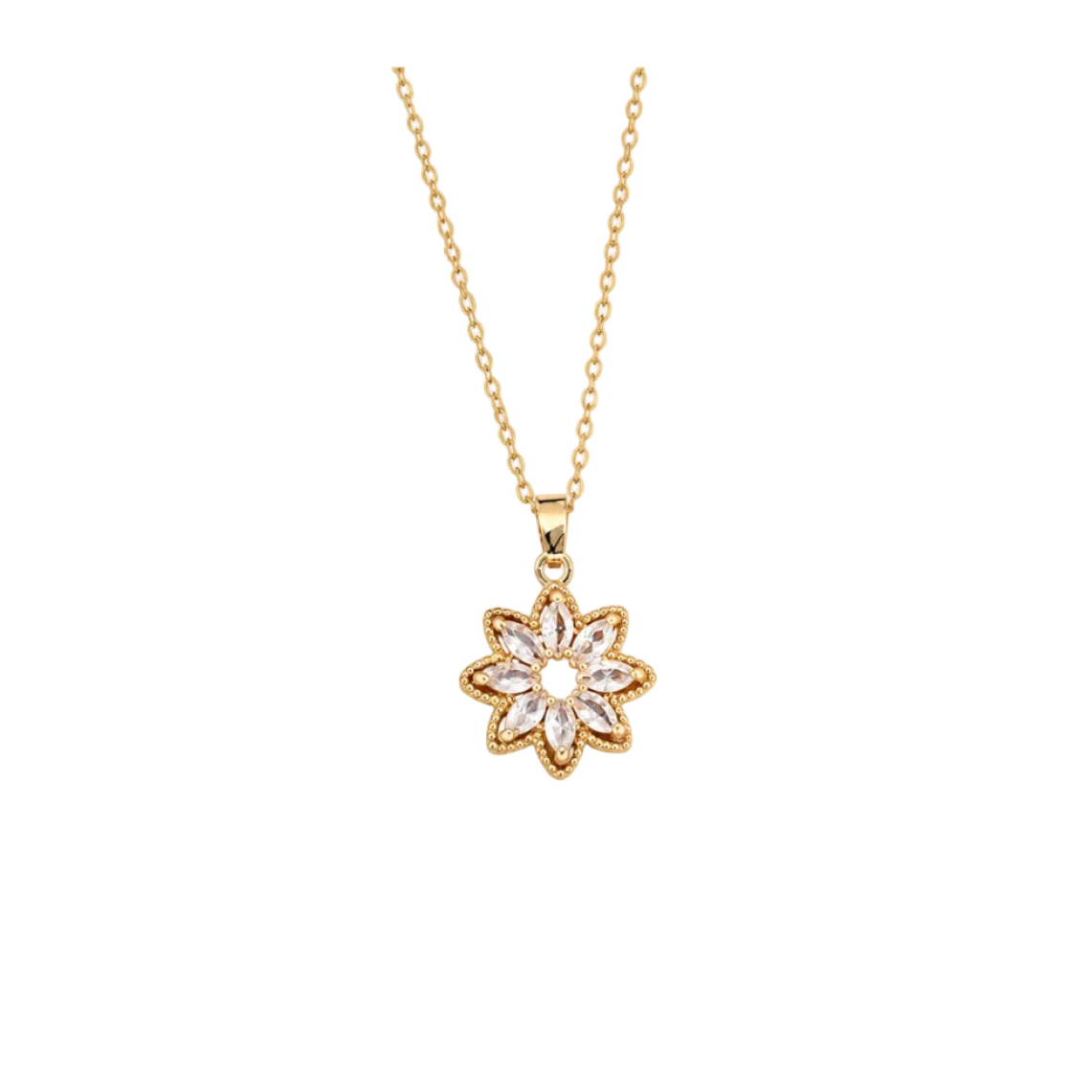 Marquise‑Cut Zircon Six‑Petal Hollow Flower Pendant Necklace