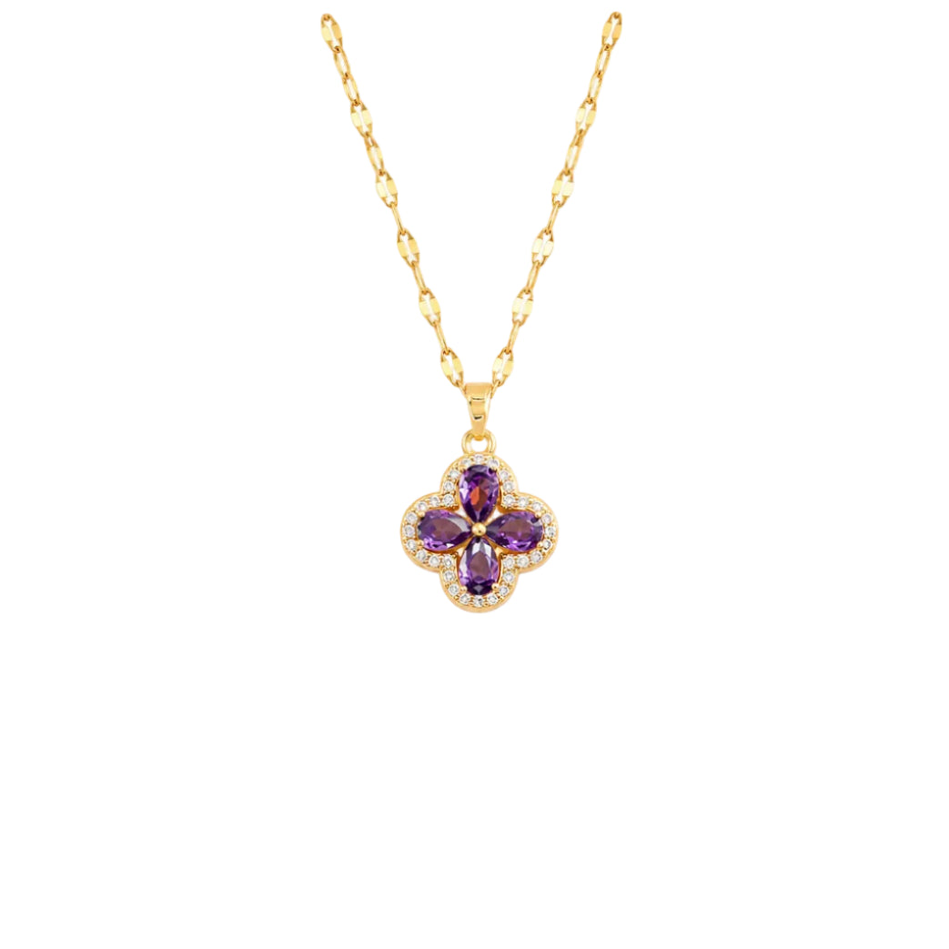 Colored‑Gem Four‑Leaf‑Clover Halo Necklace