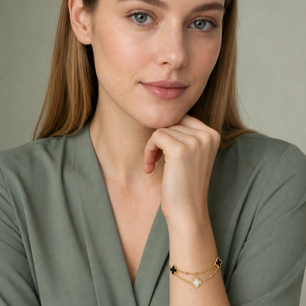 Iris‑Dual‑Tone Clover Layered Bracelet