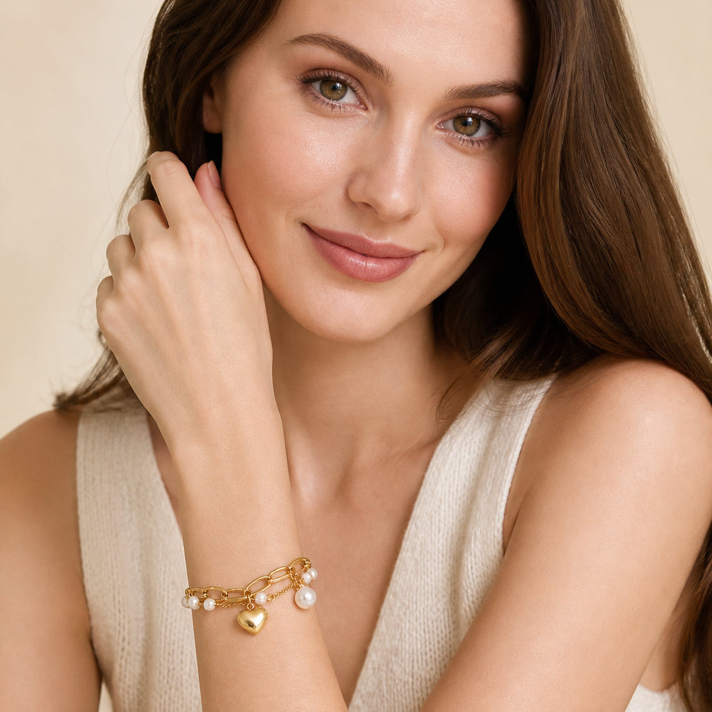 Aura‑Dual Pearl Heart Bracelet