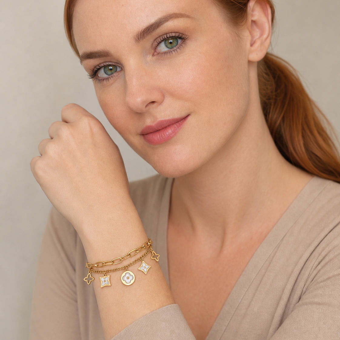 Cloveria‑Dual‑Layer Mother‑of‑Pearl Multi‑Charm Bracelet